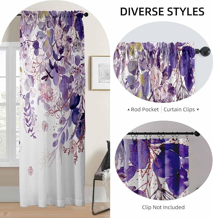 Purple Floral Sheer Curtains 84 Inch Length 2 Panels, Eucalyptus Leaves - Image 5