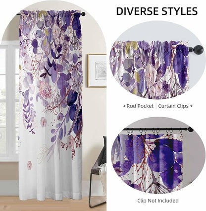 Purple Floral Sheer Curtains 84 Inch Length 2 Panels, Eucalyptus Leaves - Image 5