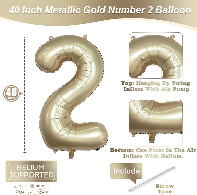 Champagne Gold 2 Balloons, 40 Inch Giant Metallic Helium Mylar Foil Number 0-9 - Image 2