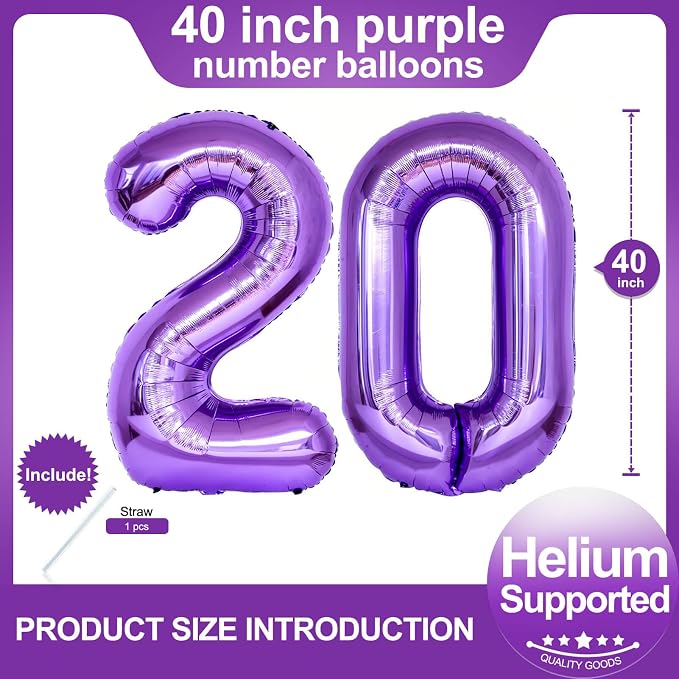 Number 20 Purple Balloons 40 Inch Giant Purple 20 Number Foil Helium Balloons - Image 2