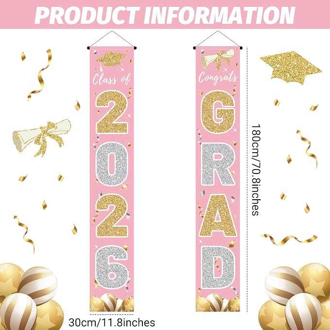 Graduation Decorations 2026, Class of 2026 Banner Congrats Grad | Pink Porch - Image 2