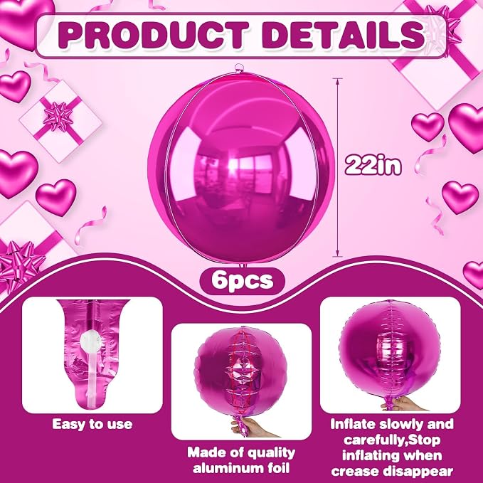 6Pcs Hot Pink Round Foil Balloons, Giant 4D Round Ball Balloon, 22 Inch - Image 2
