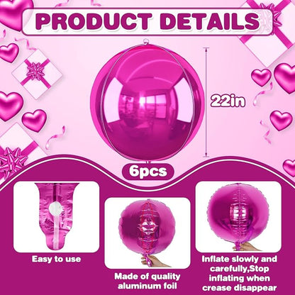 6Pcs Hot Pink Round Foil Balloons, Giant 4D Round Ball Balloon, 22 Inch - Image 2