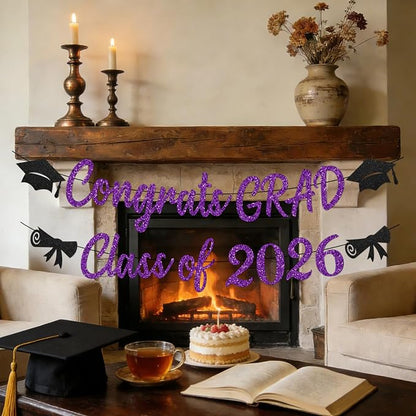Black and Purple Graduation Banner, Glitter Purple Graduation Decorations Banner - Image 6