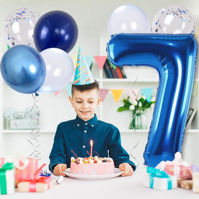 7 Balloon Number Dark Blue, Big Number 7 Mylar Balloon Pastel Navy Blue - Image 3
