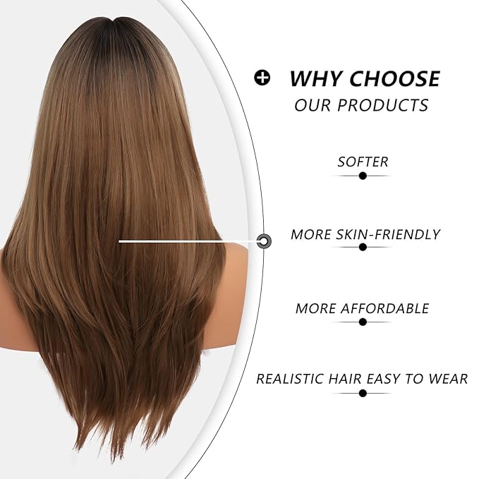 Ombre Light Brown Wig With Bangs Long Wavy Straight Wig with Layered Hair Synthetic Heat Resistant Wigs for Women Daily Party Use 26 Inches