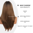Ombre Light Brown Wig With Bangs Long Wavy Straight Wig with Layered Hair Synthetic Heat Resistant Wigs for Women Daily Party Use 26 Inches