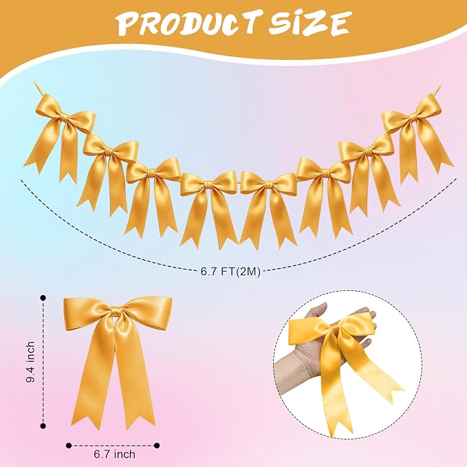1 String of 8PCS Golden Bow Garland Banner Decoration, Pre-Strung Satin Ribbon - Image 2