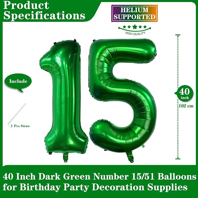 Dark Green 15 Number Balloons, 40 Inch Giant Number 15 Balloons Foil Mylar - Image 2