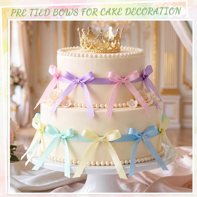 Pastel Bows for Cake Ribbon Bow Cake Topper Rainbow Bow Cupcake Toppers | 30 - Image 2