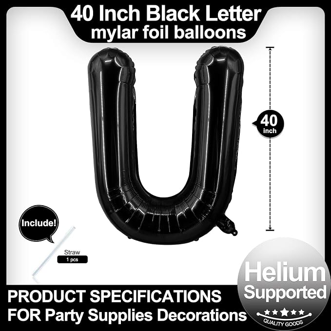 40 Inch Black Letter U Balloons, DIY Phrase Foil Alphabet Letter U Balloons DIY - Image 2