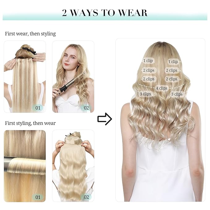 DOORES Clip in Human Hair Extensions, Dark Blonde Highlighted Bleach Blonde 150g 9pcs 20 Inch, Remy Hair Extensions Clip in Real Natural Hair Extensions Straight Thick