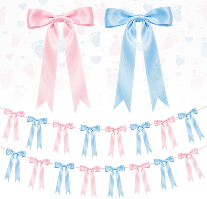 2 Strings Baby Pink & Blue Bow Garland Banner Decorations by HILAVO