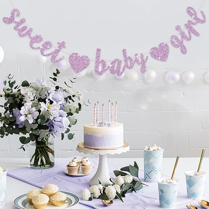 BEISHIDA Pre-Strung Glitter Light Purple Girl Baby Banner Baby Shower Decor | - Image 6