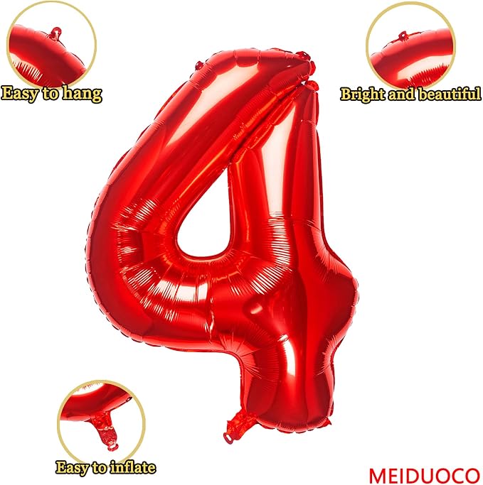 32 Inch Red Number 4 Balloons Foil Ballon Digital Birthday Party Decoration - Image 2