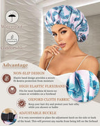 Large Shower Caps for Women Reusable Waterproof Satin Lined Shower Cap with Adjustable Band Double Layer Design Luxury Washable Bath Hair Bonnet (Pink Palm)