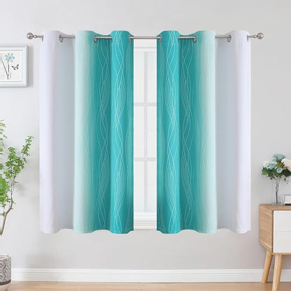 Teal and Greyish White Blackout Curtains 45 Inch Length, Light Blocking - Image 2