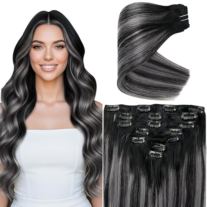 Ve Sunny Clip in Hair Extensions Black Hair Extensions Real Human Hair Silver Clip in Human Hair Extensions Balayage Human Hair Clip in Extensions Ombre Ease of Use 100g 7pcs 14inch