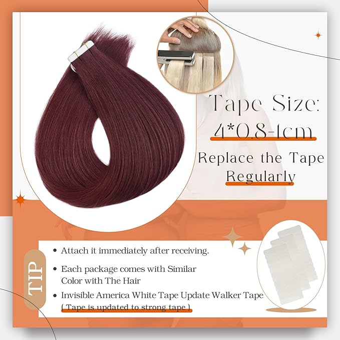 Full Shine Human Hair Extensions Tape in Color 99J Wine Red Seamless Tape in Hair Extensions Double Sided 18Inch Natural Straight Remy Skin Weft 100Gram 40Pcs Add Length for Party
