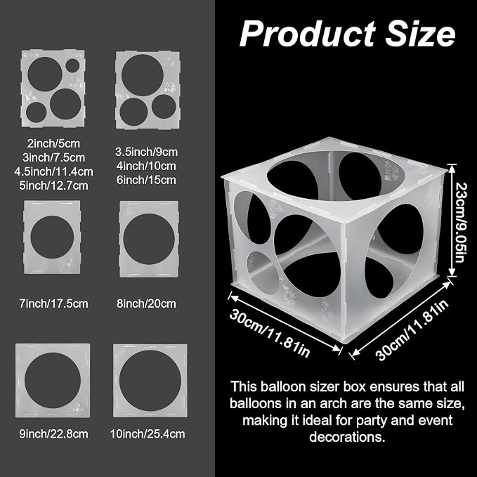 11 Holes Balloon Sizer Cube Box, 2-10 Inch Foldable Balloon Measure Box Clear - Image 2