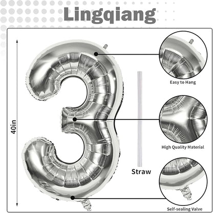 Silver 3 Balloons, 40 Inch Giant Helium Foil Number 0-9 Silver 3rd Birthday - Image 2