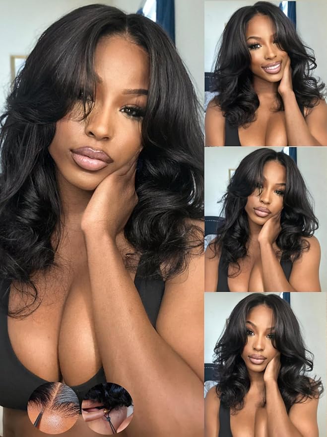KLAIYI Loose Body Wave Pre Everything Glueless 13x4Lace Front Wig Human Hair Drawstring Precut Lace Pre Plucked Bleached Bye Bye Knots 3S Ready to Wear and Go Wig with Face Framing Curtain Bang 24Inch