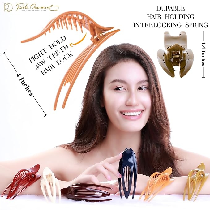 RC ROCHE 6 Pcs Flat Hair Clips Big Claw for Thick Hair French Duckbill Women No Slip Side Slide Curved Alligator Concord Strong Grip Hold Volume Lay Down Clamp, Large Classic Multicolor