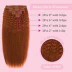 16inch 110g Clip in Hair Extensions Real Human Hair Copper Kinky Straight Clip Ins Seamless Natural and Soft Hair Clip on Hair Extensions for Women Thick End 8pcs 18Cips/pack