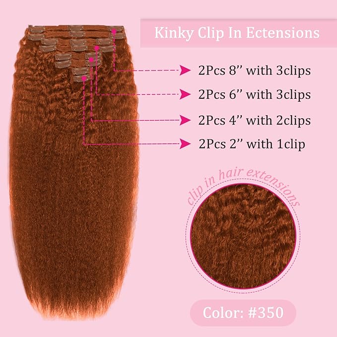 Copper Kinky Straight Clip in Hair Extensions Real Human Hair 110g 8pcs 18clips Human Hair Clip ins Double Weft Brazilian Clip Ins Human Hair for Women (#350 18inch)