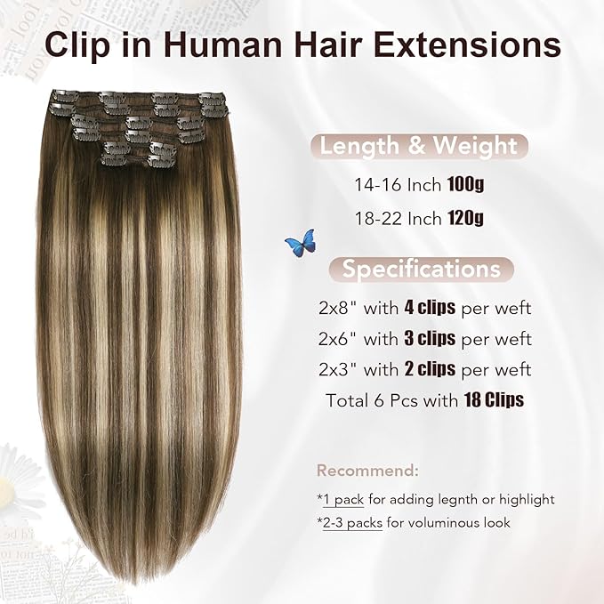 XDhair Clip in Hair Extensions Human Hair 100g 16 Inch Chocolate Brown to Caramel Blonde Real Human Hair Clip in Extensions Straight Soft Natural 6pcs (16inch, #4/27/4)