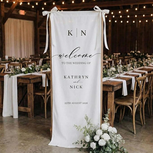 Personalized Wedding Welcome Banner Linen – Custom Names & Date, Elegant Fabric by Custom