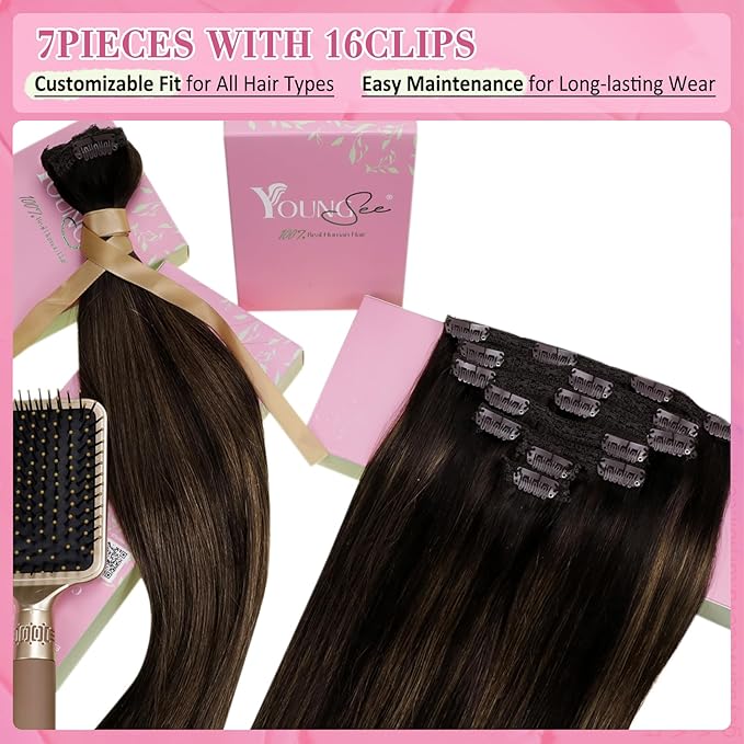 YoungSee 150G Balayage Clip in Hair Extensions Dark Brown Clip on Hair Extensions Human Hair Ombre Medium Brown Balayage Clip in Extensions Real Human Hair Straight Remy Hair 7Pcs 20In 7Pcs