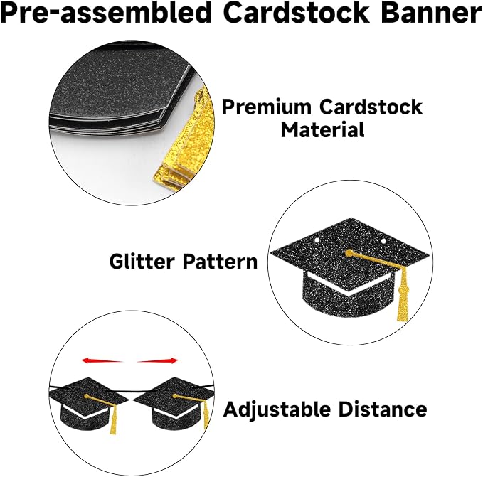 jijAcraft Black Gold Graduation Cap Banner, Glitter Grad Garland, 2 Pack 9.8ft - Image 3