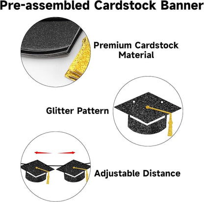 jijAcraft Black Gold Graduation Cap Banner, Glitter Grad Garland, 2 Pack 9.8ft - Image 3