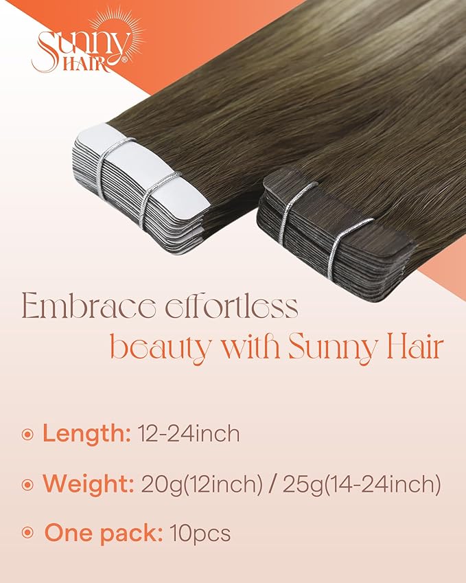 Sunny Hair Tape in Hair Extensions Real Human Hair Invisible Remy Hair Extensions Tape ins for Women Cool Brown Ombre Light Brown Balayage Medium Blonde 20 inch 25G