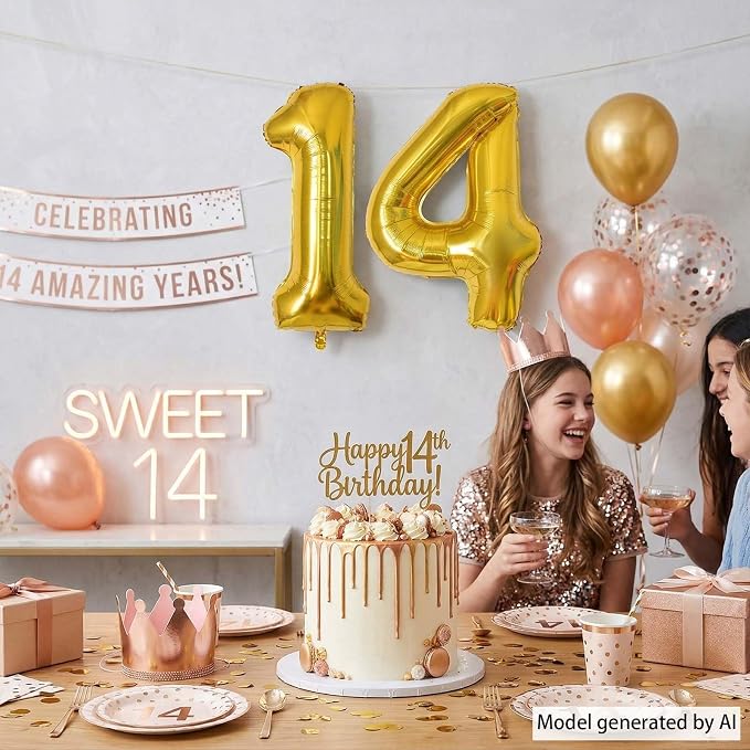 Gold Number 14 Balloon 40 Inch, Shiny Foil Decor - Image 2