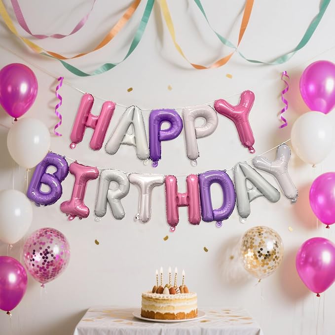 Pink Purple Happy Birthday Balloon Banner Set -16 Inch Foil Letters Balloons - Image 5