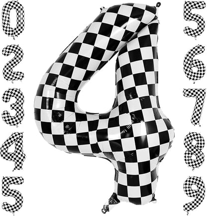 40 Inch Checkered Number 4 Balloon, Large Foil Black and White Number Balloons by Unknown
