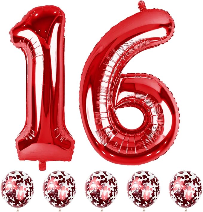 16th Birthday Balloons Red, 40 In Giant Digital Foil Number 1 and 6 Balloons by Lingqiang