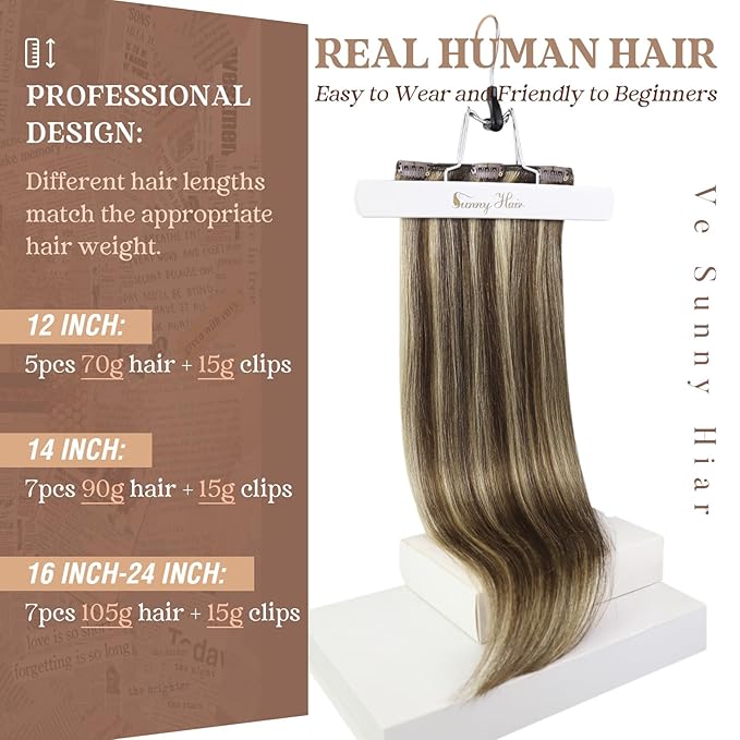 Ve Sunny Clip in Human Hair Extensions Highlights Brown Clip in Hair Extensions Real Human Hair Highlights Dark Brown with Caramel Blonde Natural Look Hair Extensions for Women 120g 18inch 7pcs