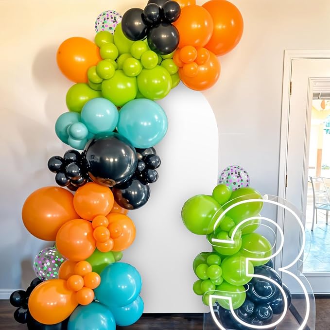 Green Orange Black Balloons, 12 Inch Fruit Green Orange Teal Black Confetti - Image 4