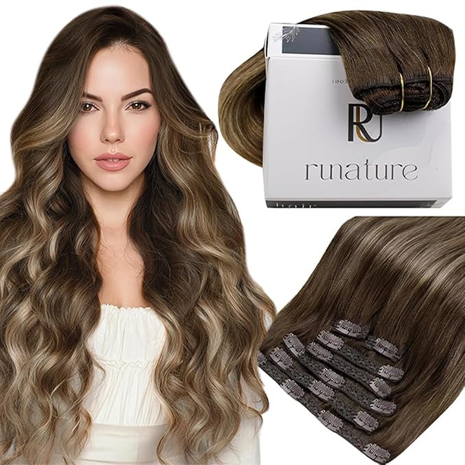 RUNATURE Clip in Hair Extensions Balayage Human Hair Clip in Extensions Real Natural Hair, Easy to Apply, Double Weft Long Extensions for Length, 20 Inch 120g 7pcs #4/27/4 Brown Rooted