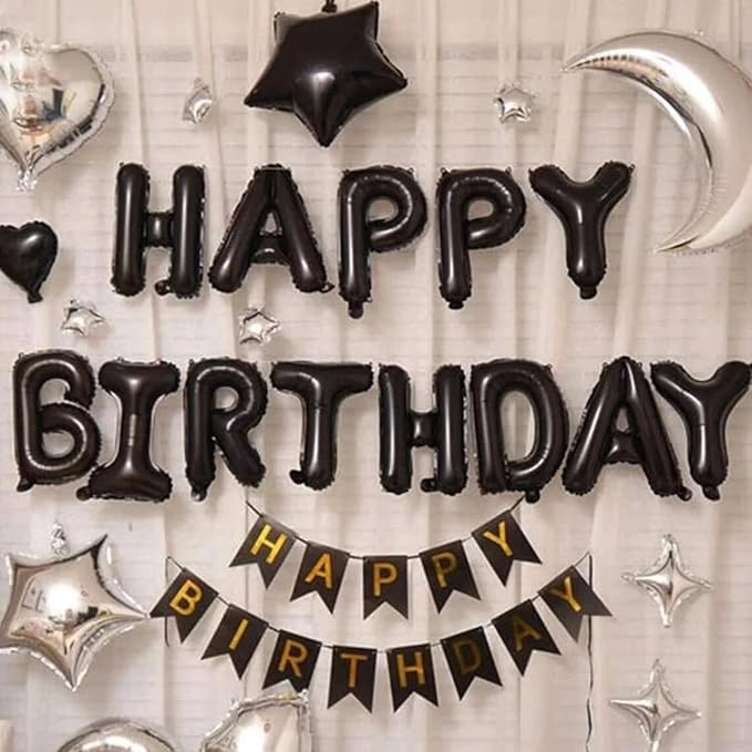 Happy Birthday Balloon Banner Black Silver, 16 Inch Mylar Foil Letter Balloons - Image 7