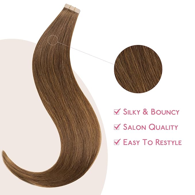WENNALIFE Tape in Hair Extensions Human Hair Light Auburn Brown Tape in Extensions, 10pcs 25g 14 inch Remy Invisible Tape Ins Straight Colored Soft Real Human Hair Tape in Extensions Refill Set
