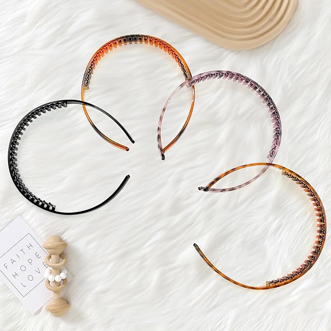 4 Pack No Pressure Headbands for Glasses Wearers – Wide teeth U-Shaped headband for no headache, no pressure, secure hold for thick and fine hair(set-B)