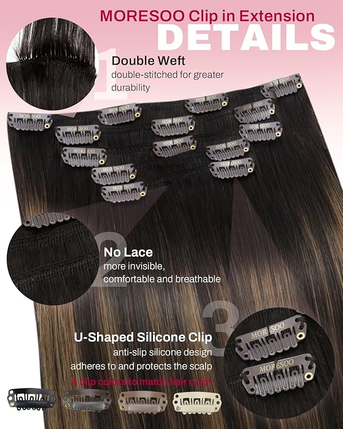 Moresoo Clip in Hair Extensions Real Human Hair Balayage Dark Brown with Chestnut Brown 5pcs 80g Remy Straight Invisible Double Weft Ombre Human Hair Clip in Extensions 20inch