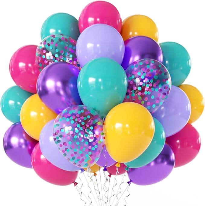 Hot Pink Blue Metallic Purple Teal Yellow Confetti Balloons 50 Pcs 12 Inch | by Vanjehou