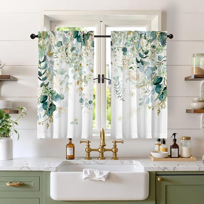 Green Eucalyptus Leaves Kitchen Curtains Elegant Wild Flower Curtains 39 Inches by GOLDLAWN