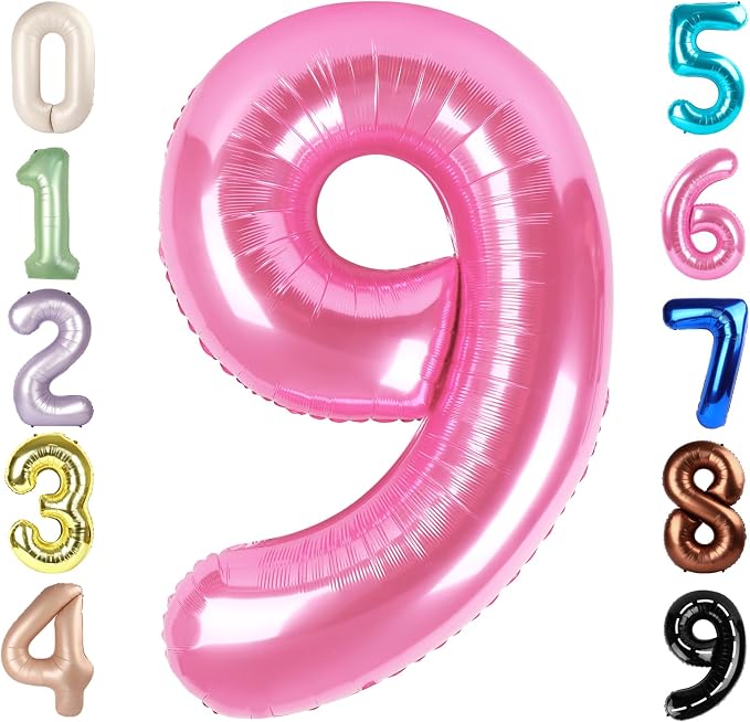 9 Balloon Numbers Birthday Decorations, 40In Pink Balloons by Mluchee