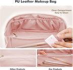 Prite Makeup Bag for Women Travel Waterproof Vegan Leather Cosmetic Bag Open Flat Toiletry Bag With Clear Divider and Handle (Plaid Pink)